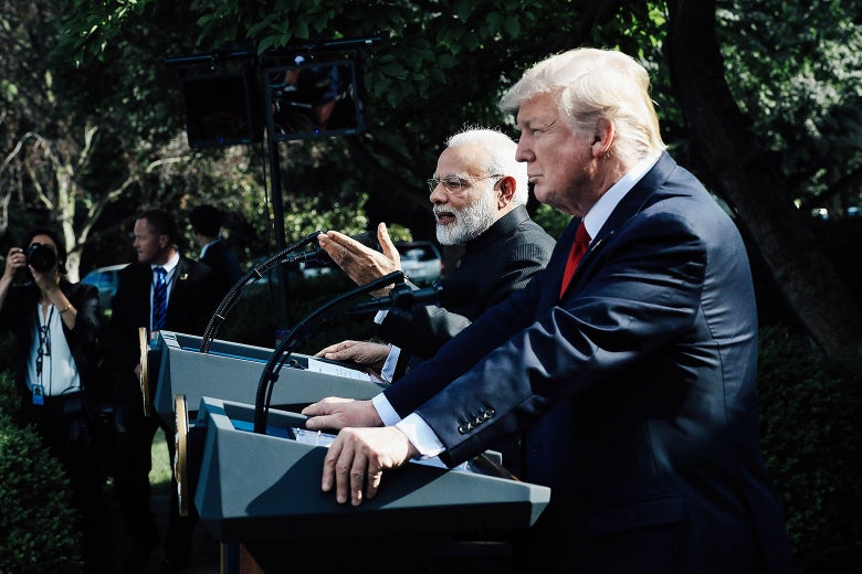 Indian Prime Minister Narendra Modi and U.S. President Donald Trump deliver joint statements at the White House on June 26, 2017.
